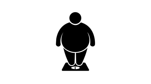 Overweight person standing on weight scale icon animation isolated on white background.