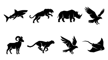 Obraz premium Set of black silhouettes of various wild animals and birds on a white background.
