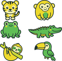 Fototapeta premium Tropical Jungle Animals Tiger Frog Alligator and Toucan Flat Vector Icon Set 