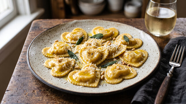 heart shaped ravioli pasta served on a ceramic plate with white wine