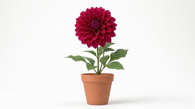 Red Dahlia Flower in Terracotta Pot on White Background