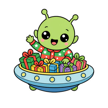 Cute green alien in flying saucer with colorful wrapped gifts, festive outfit, and joyful expression on transparent background