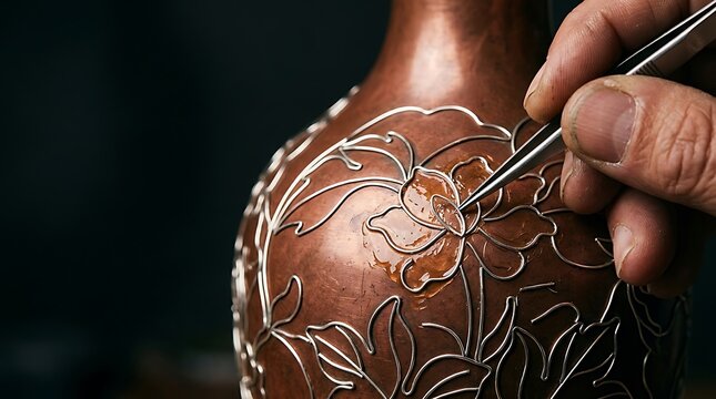 A close up view of a skilled artisan hands using a fine brush to carefully apply gold paint to decorate a beautiful copper vase with intricate floral patterns in a quiet workshop studio