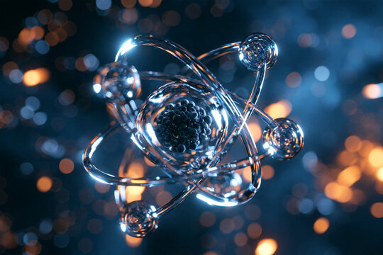 A detailed 3D render of an atom structure with glowing particles in deep space.