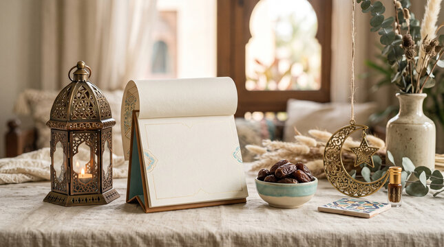 ramadan kareem greeting card mockup with lantern and dates