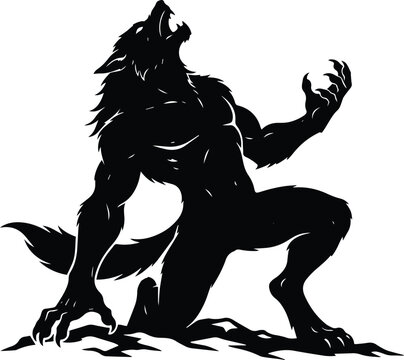Werewolf kneeling silhouette vector illustration against full moon for dark fantasy and horror design concepts