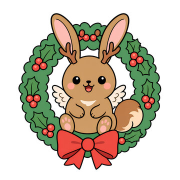 Cute brown Christmas reindeer rabbit with antler, wing, holly wreath, red bow, berry, and cheerful expression