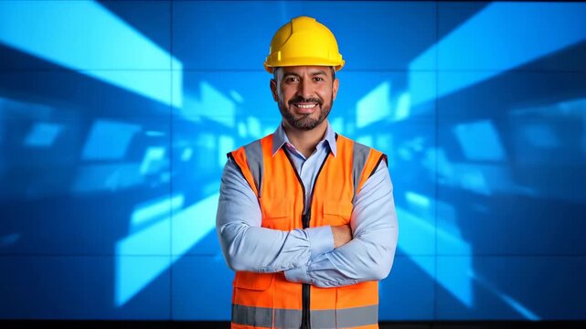 The engineer in the helmet stands with his arms crossed and his body in a confident shape