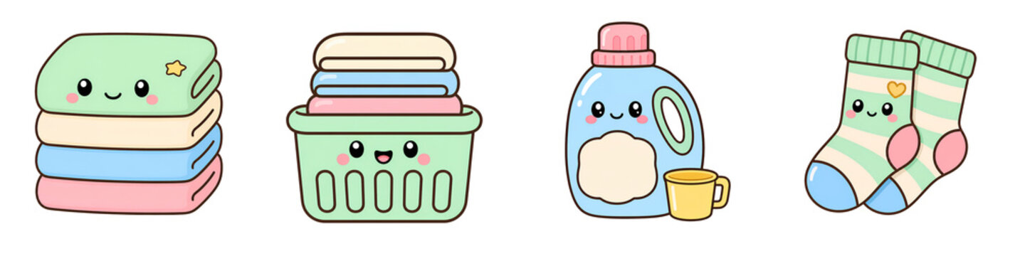 Cute laundry basket, folded towel, detergent bottle, and striped sock illustration