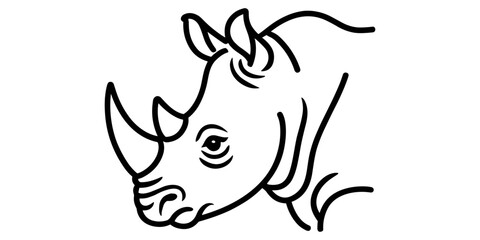A black line of a rhinoceros head profile showing the horn and ear on a black background, animal desi © Md