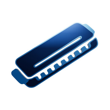 A glossy blue metallic harmonica icon, 3D rendered musical instrument symbol for blues, folk, or music education websites and applications isolated on a transparent background