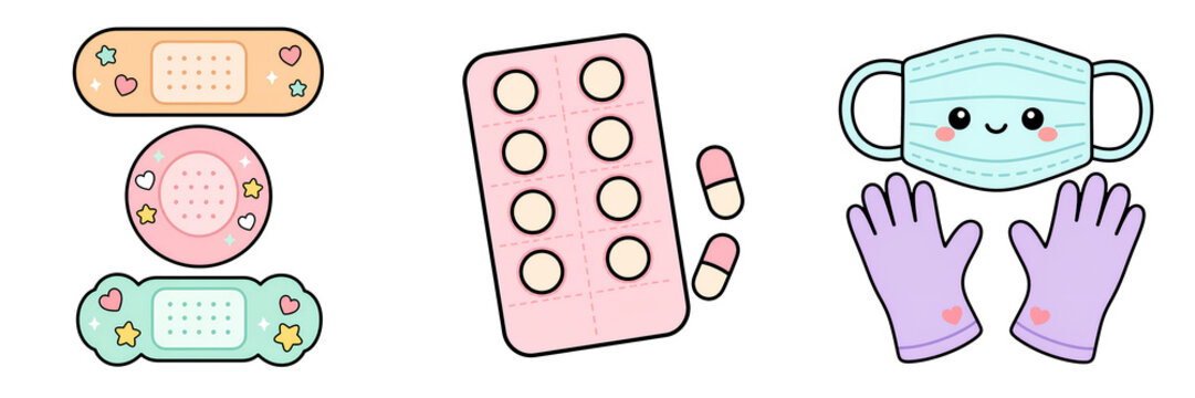 Medical mask, glove, bandage, pill, healthcare icon set with pastel colors and cute style