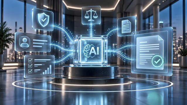 Advanced artificial intelligence hub orchestrating corporate legal compliance and automated digital document verification in a modern enterprise