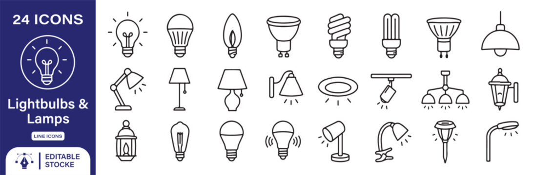 24 Lightbulbs and Lamps Vector Outline Icons Set &ndash; Bulb, Table Lamp, Ceiling Light, Chandelier and Lighting Line Symbols Collection