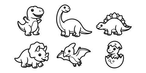 Six cute dinosaur characters including at-rex, long neck, stegosaurus, triceratops, and baby hatch © Md