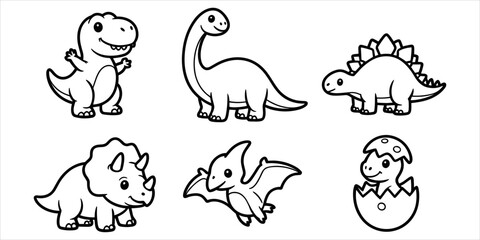 Six cute dinosaur characters including at-rex, long neck, stegosaurus, triceratops, and baby hatch © Md