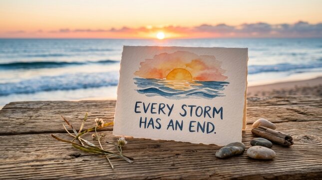 Motivational card with sunrise over ocean on beach
