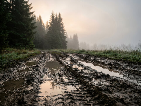 Muddy track reflecting sunrise mist forest dawn serene wet road cuts through foggy conifer landscape evoking peaceful solitude morning atmosphere