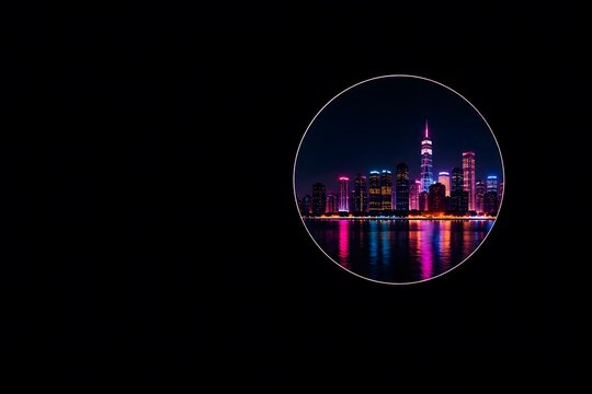 Illuminated City Skyline Reflected in Water Inside Circle Frame, Generative AI