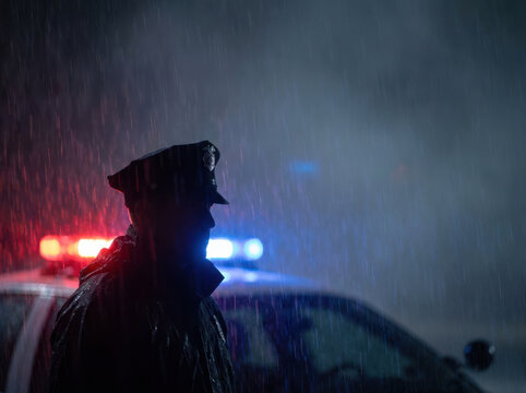 Police officer silhouette rain night emergency lights patrol car duty raincoat reveal resolute guard braving heavy storm for public safety