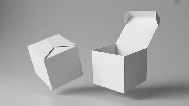 Open and closed white folding carton boxes in a minimalist 3d packaging composition
