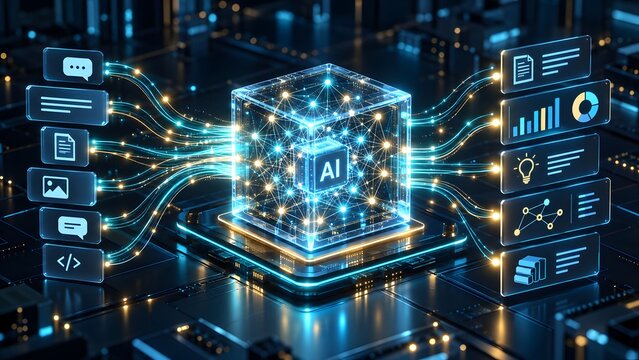Advanced artificial intelligence core hub processing diverse digital prompt inputs into automated data analytics outputs through a glowing cyber network