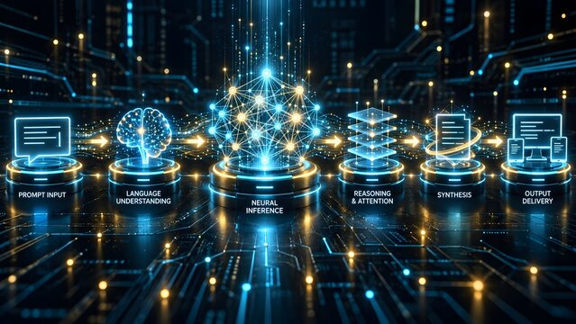 Sequential artificial intelligence pipeline illustrating natural language understanding and neural inference stages leading to automated output delivery