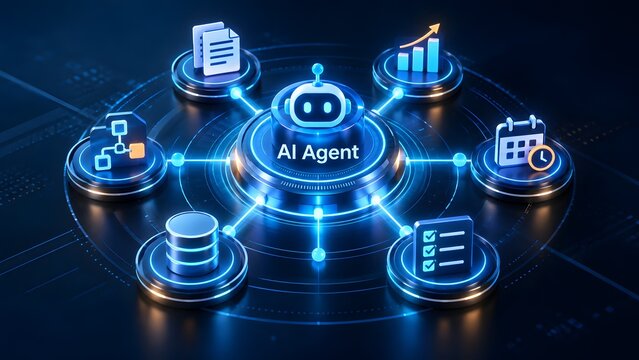 Centralized artificial intelligence agent orchestrating automated business workflows scheduling and database management across a glowing cyber network