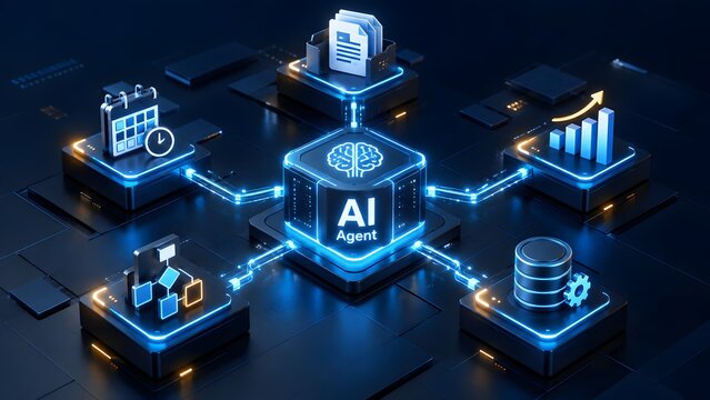 Advanced artificial intelligence agent hub managing enterprise scheduling analytics and database workflows on an isometric glowing digital platform