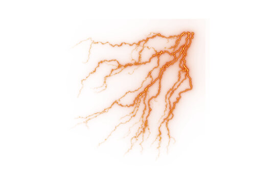 Orange lightning bolt flash isolated on white background with electric discharge weather phenomenon storm flash electrical arc energy strike
