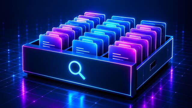 Glowing neon digital filing cabinet with search interface organizing secure virtual documents and corporate data analytics in a futuristic cyberspace