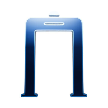 A 3D metallic blue metal detector gate icon, representing security screening and airport safety, isolated on a white background for isolated on a transparent background