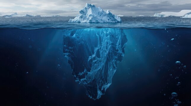Majestic iceberg floating in the deep blue arctic ocean displaying a massive underwater structure representing hidden potential and climate change