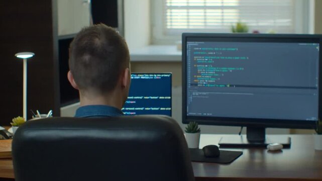 Web Developer Coding HTML Script With Multiple Screens In Office Setup