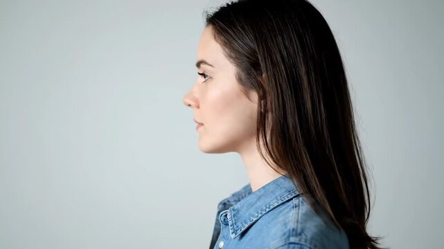 Close-up of a woman's denim bust, close-up of a woman's multi-angle face