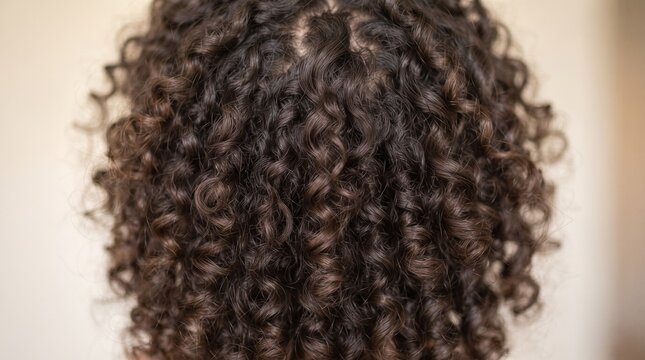 Macro close-up of natural curly hair showing detailed individual curls and realistic texture, softly illuminated against a clean background with generous copy space.