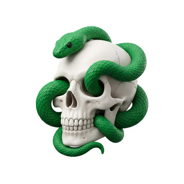 Green snake slithering through human skull 3D icon for Halloween isolated on white background