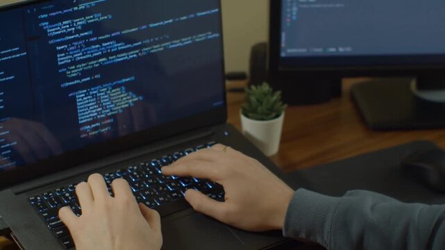 Developer Hands Writing HTML Code On Computer Screen In Digital Workspace