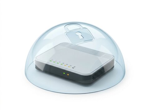 Secure Home Network Router Under Protective Dome with Lock Symbol