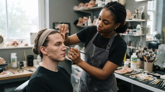 Makeup Artist Applying Prosthetics on Actor: A skilled makeup artist meticulously applies prosthetic makeup to an actor's face in a studio setting, surrounded by specialized tools and equipment.