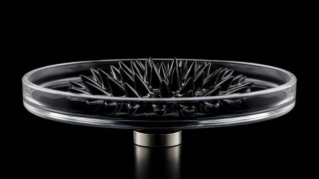Black Glass Bird Feeder with Pointed Tray, Sharp Radial Texture, Reflective Surface, Decorative Center, Elegant Modern Garden Design Dark Background