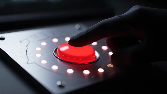 Finger press red button close-up material, press red button special