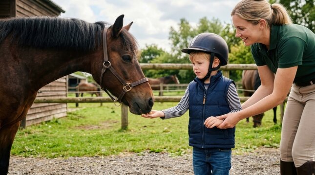 Equine Bonding: A young boy in a riding helmet and vest gently offers a treat to a friendly horse, guided by a smiling woman, fostering a connection at a stable