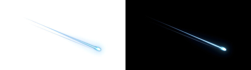 Shooting star of a glowing blue streak with a bright falling tip for overlay use in PNG, Transparent and Black Background Versions © Crafter