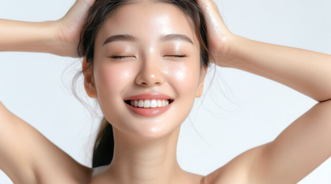 A young Asian beauty portrait with clean, glowing skin creates a minimal skincare visual ideal for cosmetic branding, spa campaigns, and wellness advertising.