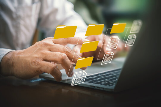  Digital Document Management and Folder Hierarchy Concept, Paperless Office Workflow featuring Connected Folder Icons and Document Management Graphic.