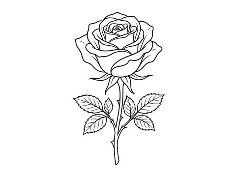 Elegant black and white rose with green leaves illustration
