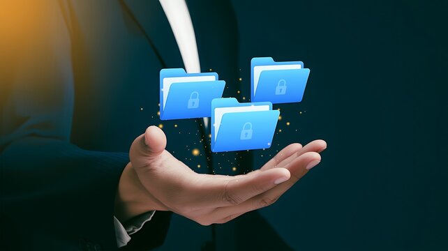 Businessman's hand holding secure digital folders with lock icons in soft light concept for data protection