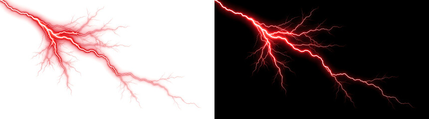 Storm strike of glowing red lightning branches crackling for overlay use in PNG, Transparent and Black Background Versions © Crafter
