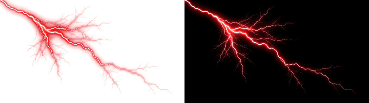 Storm strike of glowing red lightning branches crackling for overlay use in PNG, Transparent and Black Background Versions